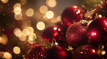 Poster - Vibrant ruby red ornaments nestled among glowing golden bokeh lights create a festive atmosphere for the holiday season