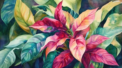 Aufkleber - Vibrant tropical leaves in watercolor showcasing lush colors and intricate patterns