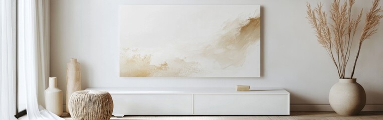 Aufkleber - Abstract white canvas with muted gold hues enhancing a minimalist interior design aesthetic and creating a serene atmosphere