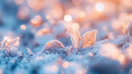 Wall Mural - frost-covered leaves in soft, winter sunlight.