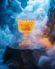 Wall Mural - illuminated crystal goblet on rock amidst ethereal blue and orange smoke.