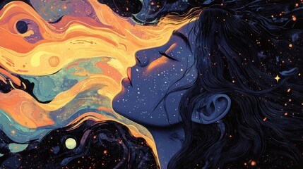 Aufkleber - Vibrant visualization of a woman's face radiating cosmic colors and artistic elements in a serene and imaginative setting