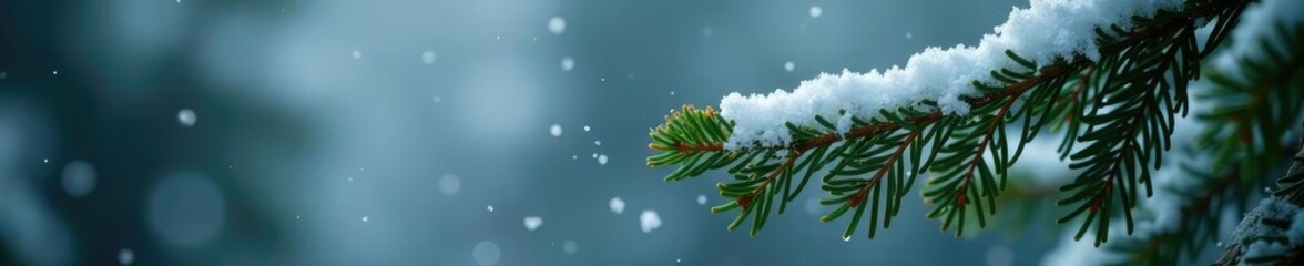 Wall Mural - Snowflakes gently fall onto the bare branches of an evergreen tree, branch, soft, fall