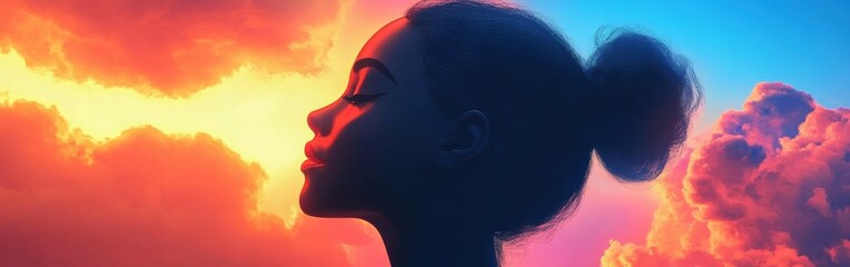 Poster - Vibrant portrait of a woman glowing against a colorful sky at sunset