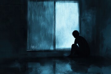 Aufkleber - Lonely figure by a rainy window, immersed in deep blues and grays, reflecting on solitude during a rainy evening