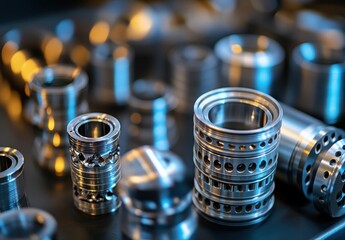 Poster - Close-up View of Various Precision Machined Metal Components with Glossy Finish and Shiny Surface in a Manufacturing Workshop