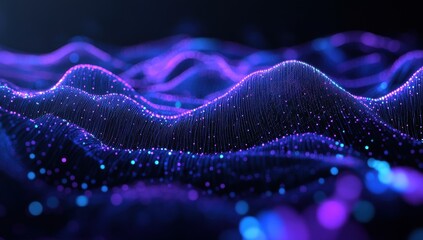 Poster - Colorful abstract landscape of illuminated particles in waves forming a mesmerizing flow of light and texture, ideal for digital backgrounds or designs
