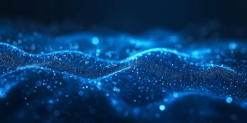 Fototapete - Abstract wave with blue light on black background. Science background with moving dots. Network connection technology. Digital structure with particles. 3d rendering.