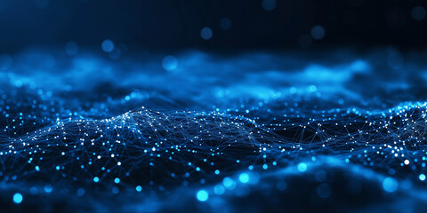 Fototapete - Abstract wave with blue light on black background. Science background with moving dots. Network connection technology. Digital structure with particles. 3d rendering.