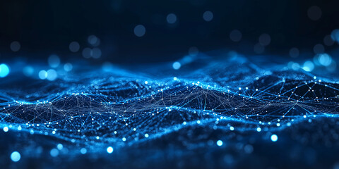 Fototapete - Abstract wave with blue light on black background. Science background with moving dots. Network connection technology. Digital structure with particles. 3d rendering.