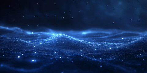Fototapete - Abstract blue waves lines from particles and dots of energetic magic with glow effect and blur bokeh abstract background