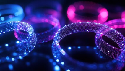 Poster - Colorful glowing rings with luminous particles on a dark background, representing technology, innovation, and digital art, perfect for creative projects and designs