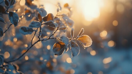 Wall Mural - frost-covered leaves illuminated by warm sunset light.