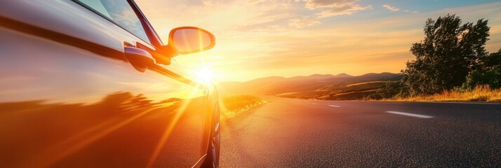 Poster - Sunset drive along a scenic road with reflections on a car window and mountains in the distance Generative AI