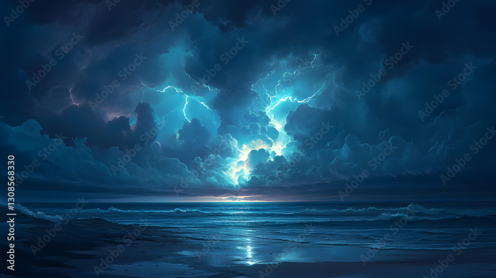 Dramatic lightning storm illuminating a dark sky over ocean background ...