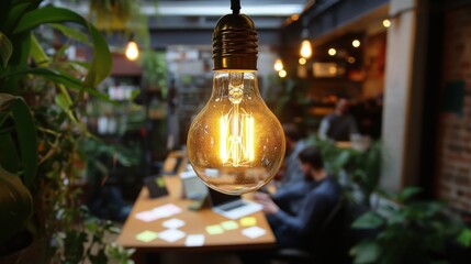 Poster - Soft glowing vintage light bulb illuminating a cozy workspace filled with greenery and focused individuals