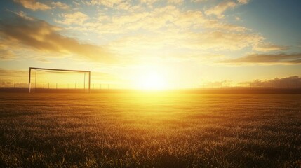 Aufkleber - Wide angle view of a soccer field bathed in golden sunlight at sunrise with goalposts positioned perfectly Generative AI