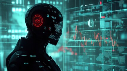 Poster - Sleek modern robot interacting with digital interfaces in a futuristic setting