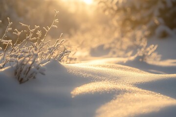 Wall Mural - frosty plants in a snow-covered field bathed in golden sunlight.