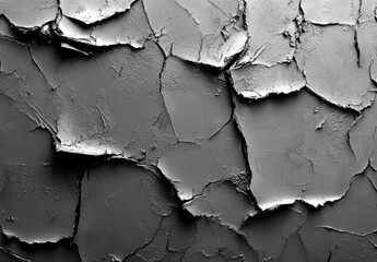 Poster - Detailed close-up of cracked black texture with peeling paint revealing layered surfaces in moody and artistic background ideal for modern design projects