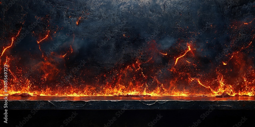 Inferno flames with intense lava eruption and glowing fire in a dark ...