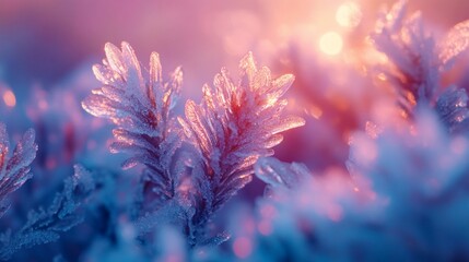 Wall Mural - frost-covered plants at sunrise, showcasing delicate ice crystals and vibrant colors.