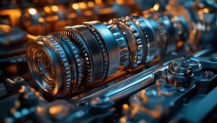 Poster - Detailed close-up of metallic gears and machinery components showcasing intricate designs and textures in vibrant orange lighting for industrial themes