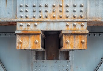 Poster - Detailed Close-Up of Rusty Steel Bridge Structure with Bolts, Textures, and Weathering Effects Captured in Industrial Environment