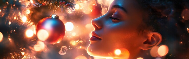 Aufkleber - Portrait of a woman enjoying holiday lights and decorations during the festive season in a cozy, warmly lit environment