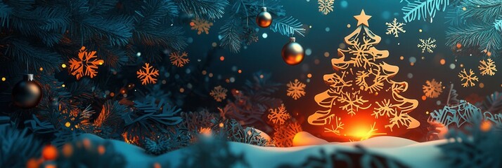 Aufkleber - Celebrate the magic of Christmas with festive cutouts, glowing ornaments, and a cozy tree scene in winter wonderland Generative AI