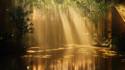 Poster - Serene forest setting bathed in soft green light with gentle beams of sunlight filtering through trees at dawn
