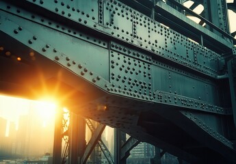 Poster - Detailed view of industrial bridge structure showcasing rivets and steel beams with descending sunlight illuminating the urban skyline in the background