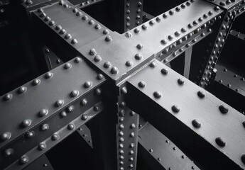 Poster - Detailed View of Industrial Metal Structure with Rivets and Beams in Black and White, Highlighting Engineering Design and Textural Elements