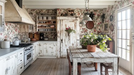 Poster - Charming rustic kitchen with whitewashed wood accents and floral wallpaper in a cozy home setting