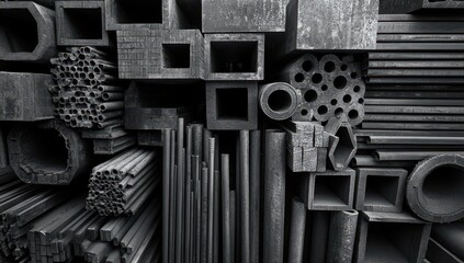 Poster - Diverse Collection of Industrial Metal Shapes and Profiles in Various Sizes Arranged Neatly for Background or Textured Surface Use in Design Projects