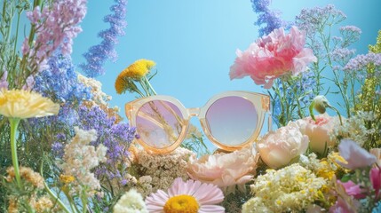 Poster - Polished composition showcasing pastel-colored flowers surrounding stylish sunglasses in a bright atmosphere