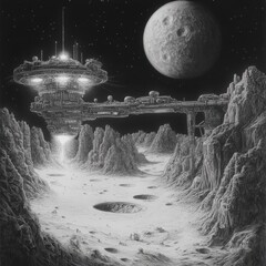 Poster - Conceptual pencil rendering of a futuristic moon base exploring a distant celestial landscape
