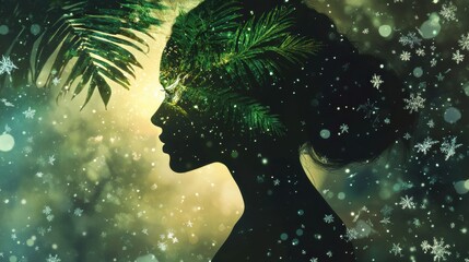Poster - Mystical portrayal of a glowing woman surrounded by foliage and snowflakes at twilight