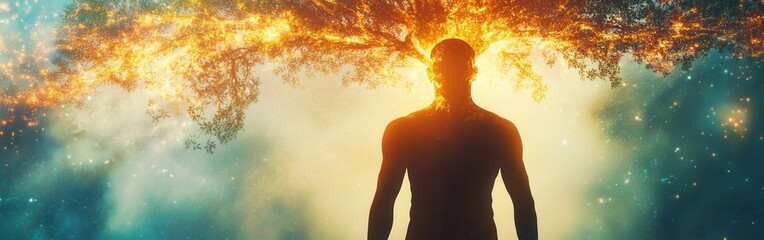 Poster - Mans silhouette radiates mystical energy as tree blossoms from head at twilight in an enchanting forest setting