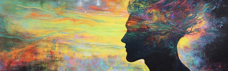 Fototapete - Mystical profile of a man filled with vibrant colors and abstract patterns representing imaginative thoughts