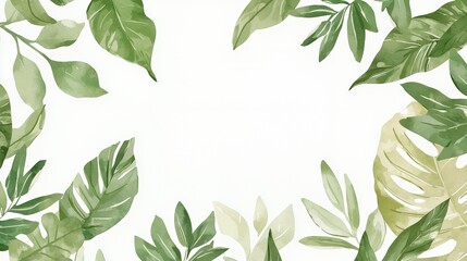 Naklejka na meble Watercolor Green Tropical Leaves Frame on White Background