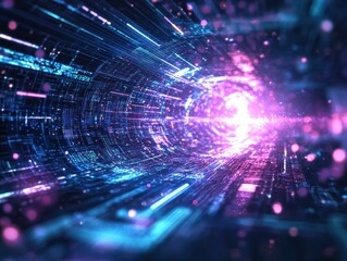 Poster - Dynamic abstract digital tunnel with glowing particles and lines, creating a sense of motion and depth in a futuristic space environment
