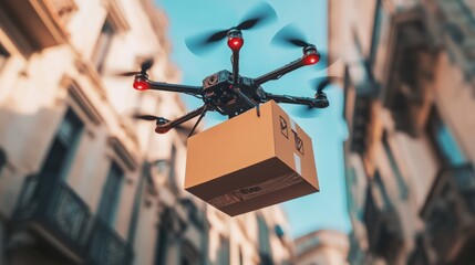 Poster - A close-up of a drone robotic arms gripping a Maryland-flagged delivery box in mid-air, representing technological advancement.