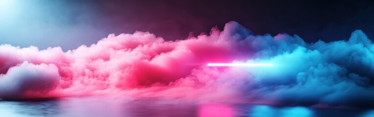 Poster - Futuristic landscape with neon pink and cyan clouds illuminated in a night sky
