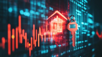 Aufkleber - Double exposure of a house key shimmering with glowing digital patterns representing security and home ownership