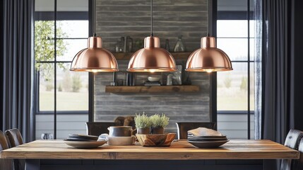 Poster - Dining area featuring copper-finished industrial pendant lights and rustic wooden table with stylish tableware