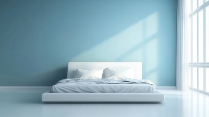 Aufkleber - Contemporary bedroom design featuring a light blue wall with a minimalistic white bed and bright natural light illuminating the space