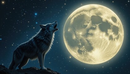  Howling wolf under the full moon night sky wildlife photography outdoor nature side view mystical atmosphere