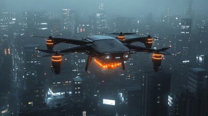 Poster - A futuristic drone equipped with solar panels transports an emergency energy pack over a darkened, powerless city