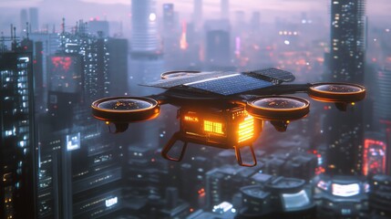 Poster - A futuristic drone equipped with solar panels transports an emergency energy pack over a darkened, powerless city
